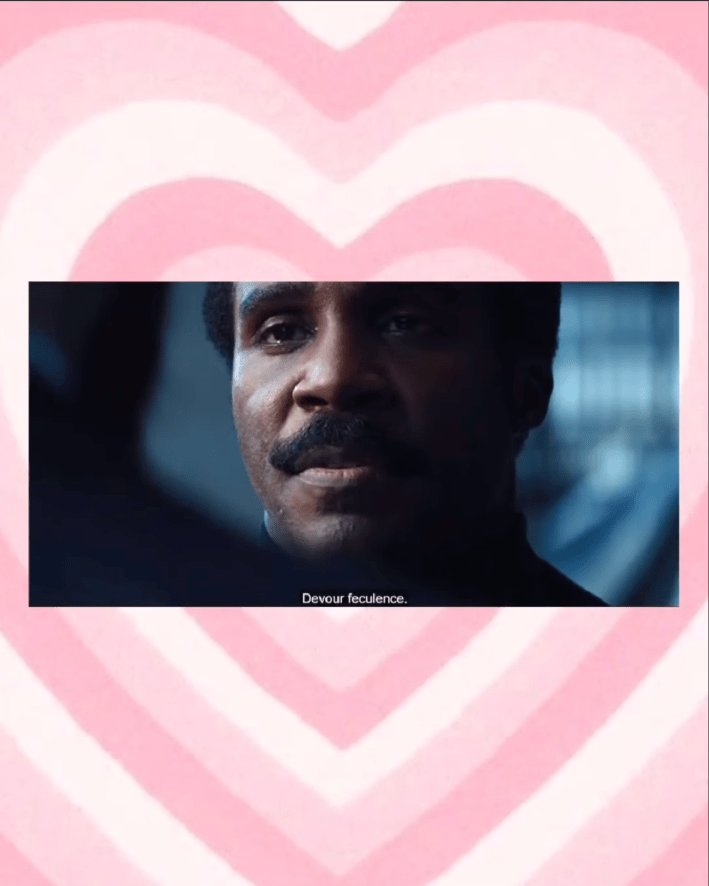 "Devour feculence" meme surrounded by pink heart frame.