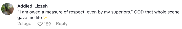 TikTok comment, text reads, "'I am owed a measure of respect, even by my superiors.' GOD that whole scene gave me life (sparkle emoji)"