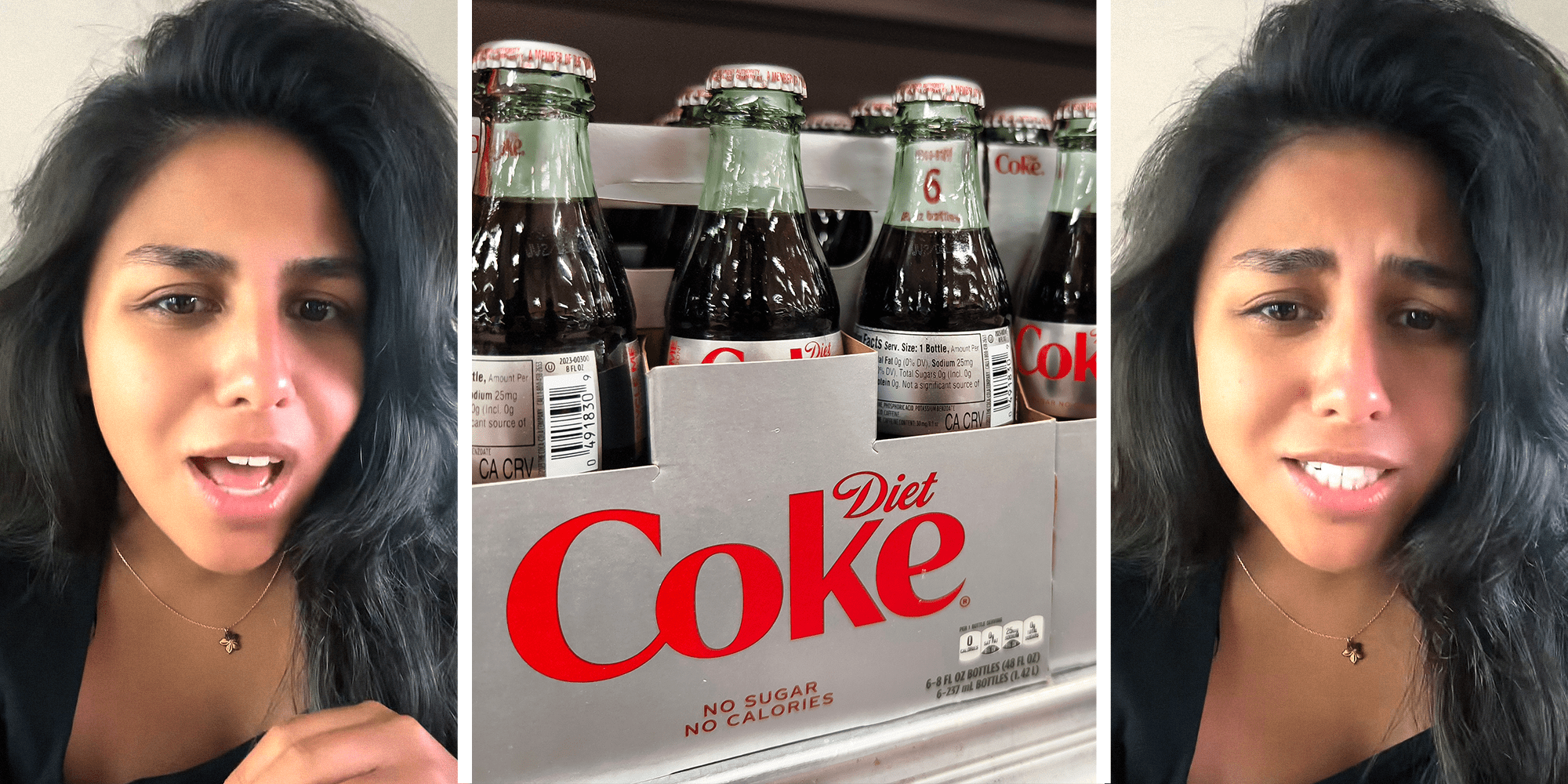 Woman explaining why Diet Coke is "zero calories" on left and right. Diet Coke bottles in center.