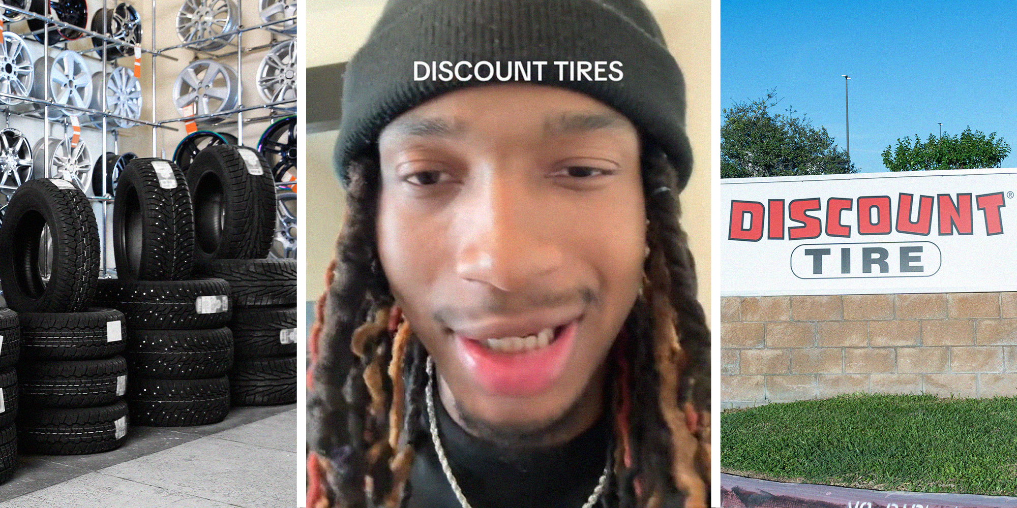 Tires displayed at store(l) Man shares the quote he got at discount tires(c) Discount tire store sign(r)