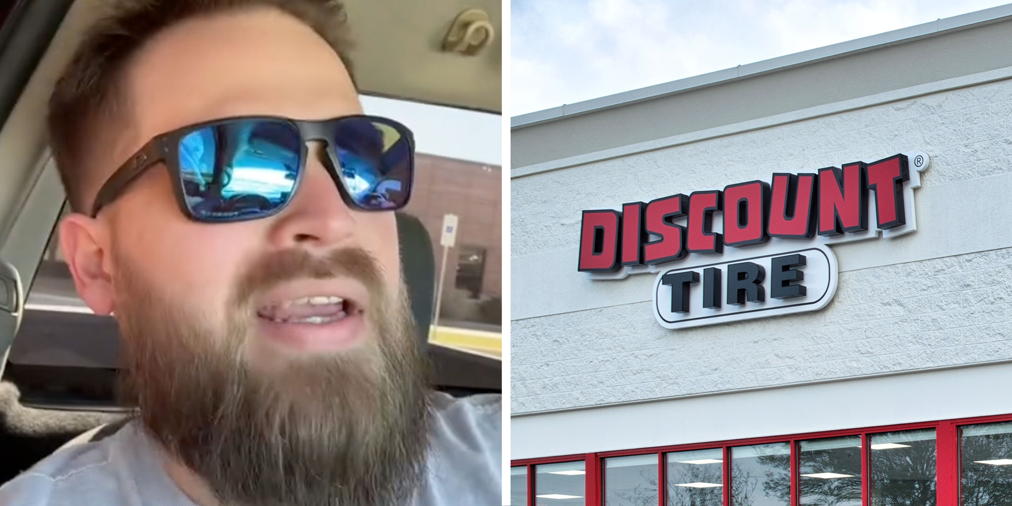 Screenshot of Tiktok user @the_urban_lumberjack; Photo of a Discount Tire exterior.