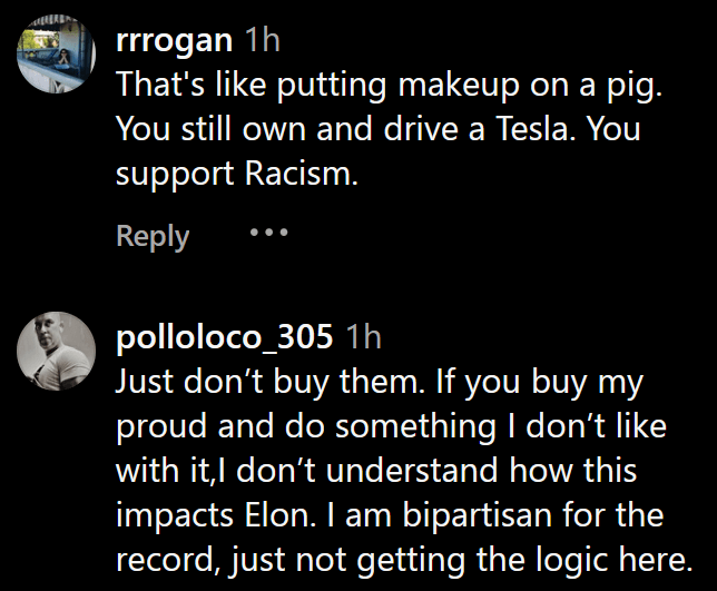 Instagram comments including one reading "That's like putting makeup on a pig. You still own and drive a Tesla."