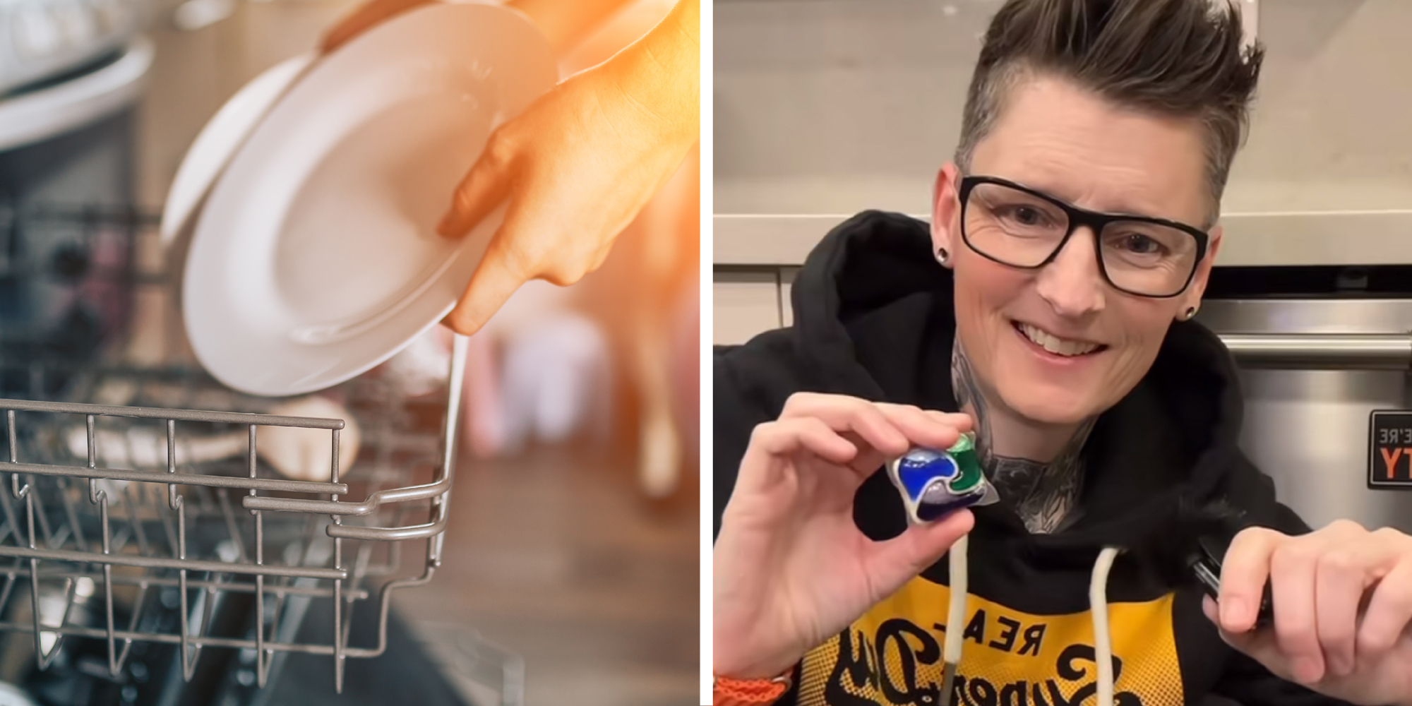 2 panel image: on the left is a person removing dishes from a dishwasher, and on the right a person explains.