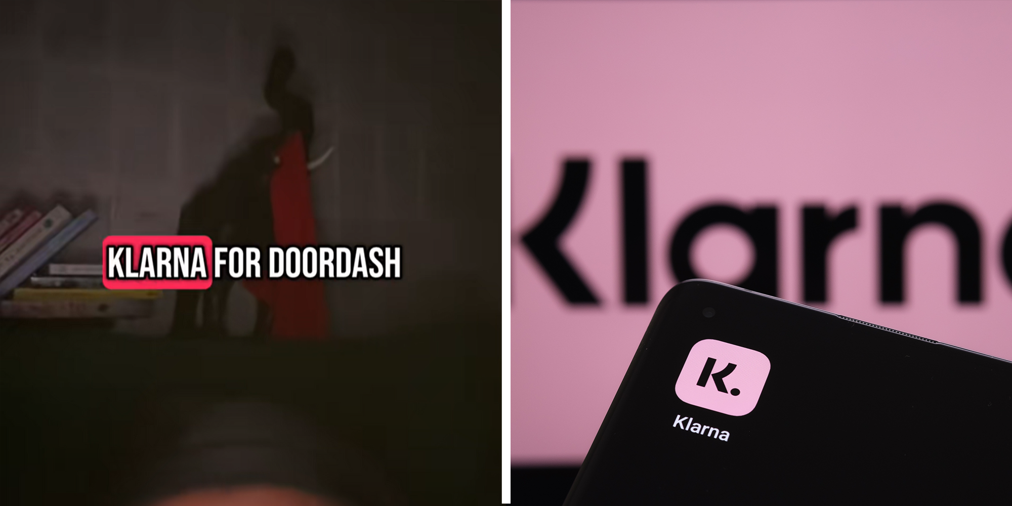 2 image split. Person lying in bed on left. Klarna app on phone screen on right.