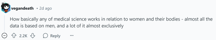 Response to what doctors don't understand about human bodies. Text reads, "How basically any of medical science works in relation to women and their bodies - almost all the data is based on men, and a lot of it almost exclusively"