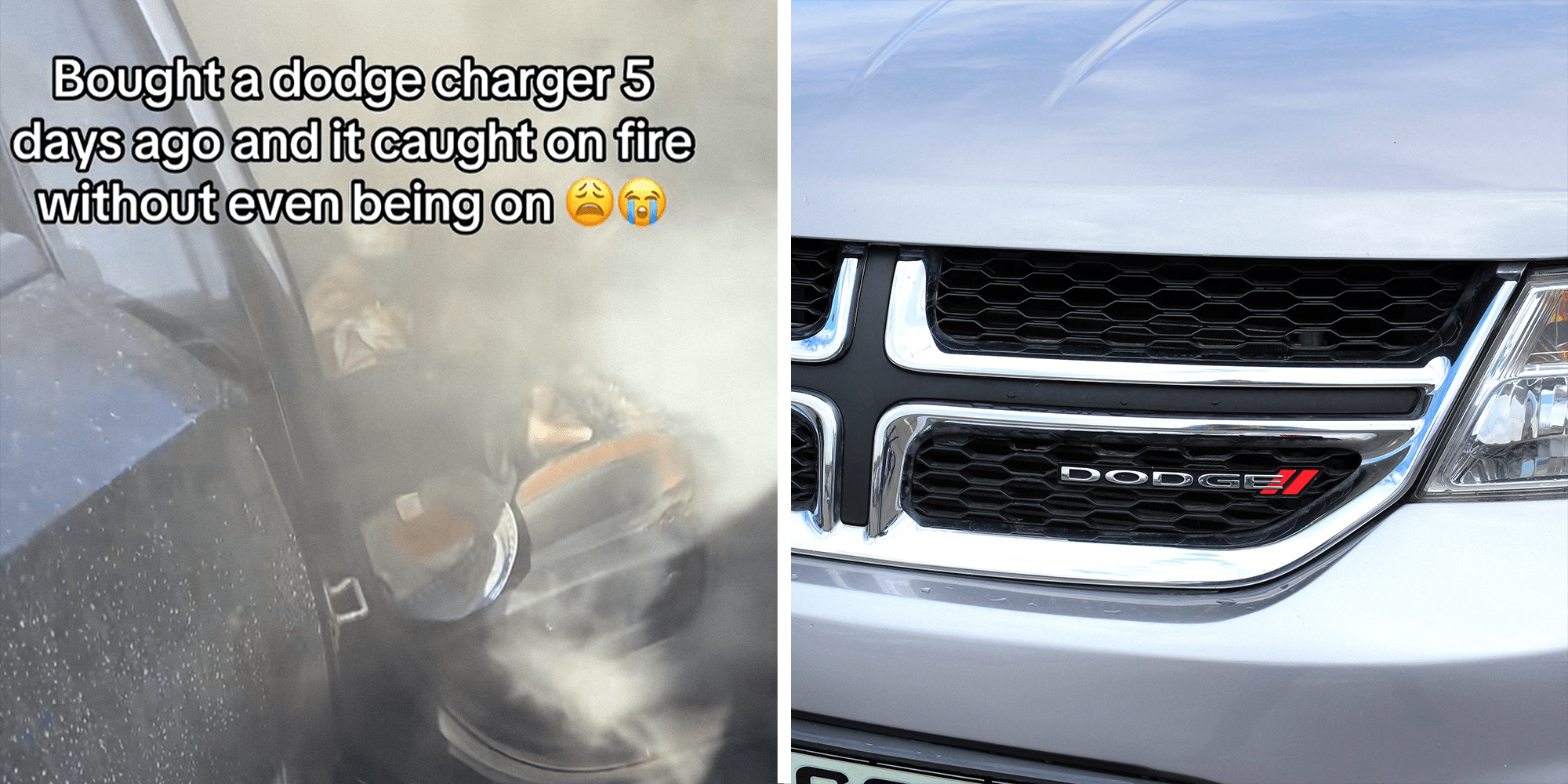 Car with smoke coming out and overlayed that reads: "Bought a dodge charger 5 days ago and it caught on fire without even being on (whine emoji) (crying emoji)" on left. Dodge logo on car on right.