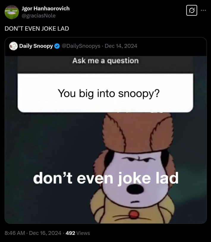 you big into snoopy? don't even joked lad