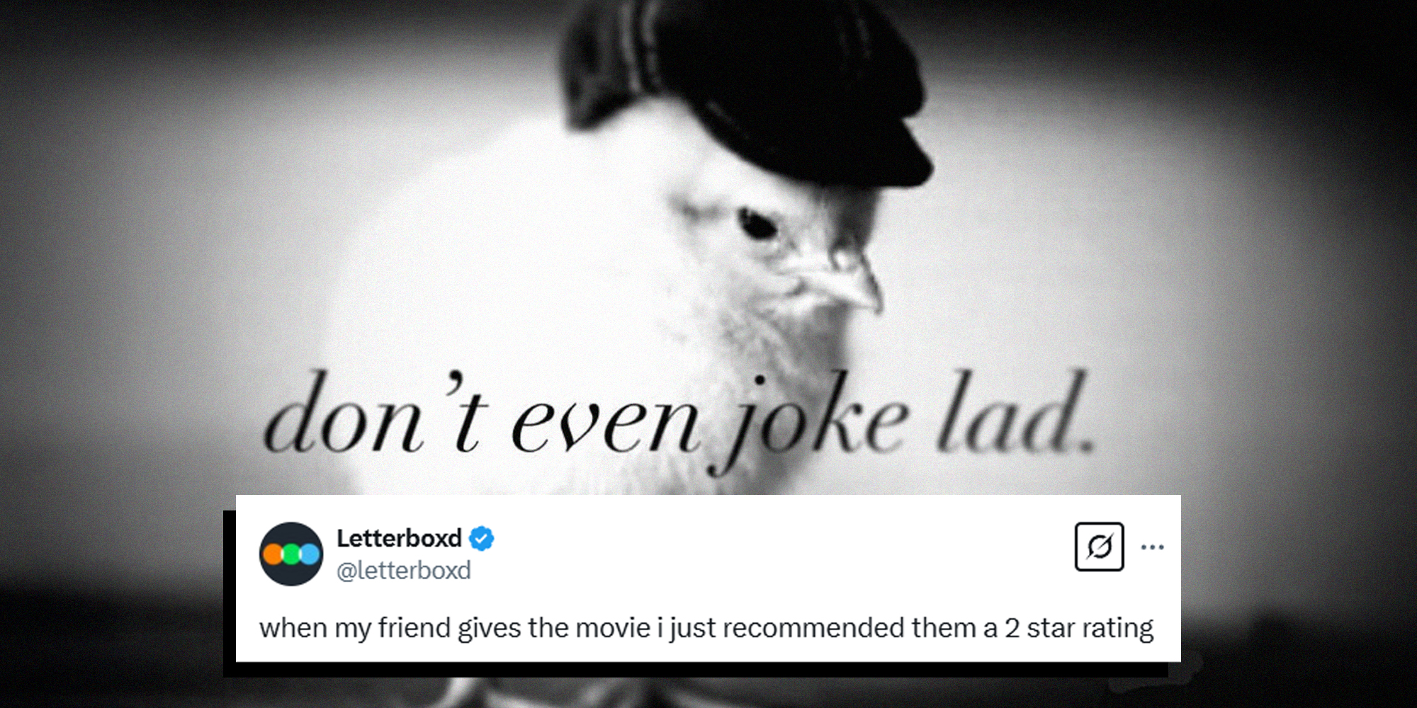 Meme of a chick wearing a hat with the text overlay "don't even joke lad"