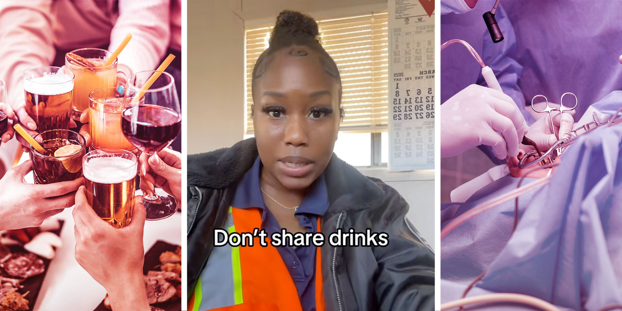 Photo of hands clinking glasses at a bar; Screenshot of Tiktok user with the caption "Don't share drinks"; Photo of doctors performing a tonsillectomy