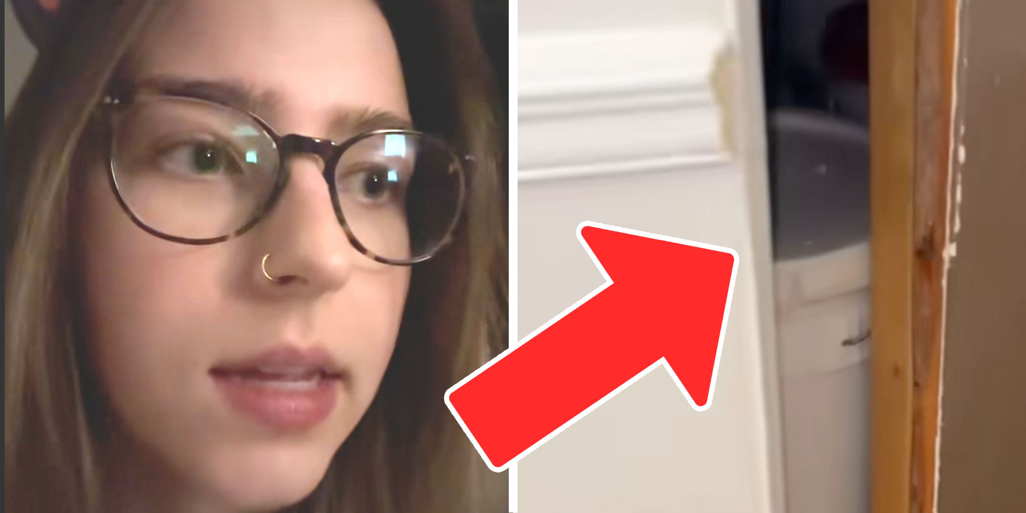 Left: Screenshot of Tiktok user @juliairvinn; Right: A red arrow pointing to a hole in the wall from @juliairvinn's Tiktok.