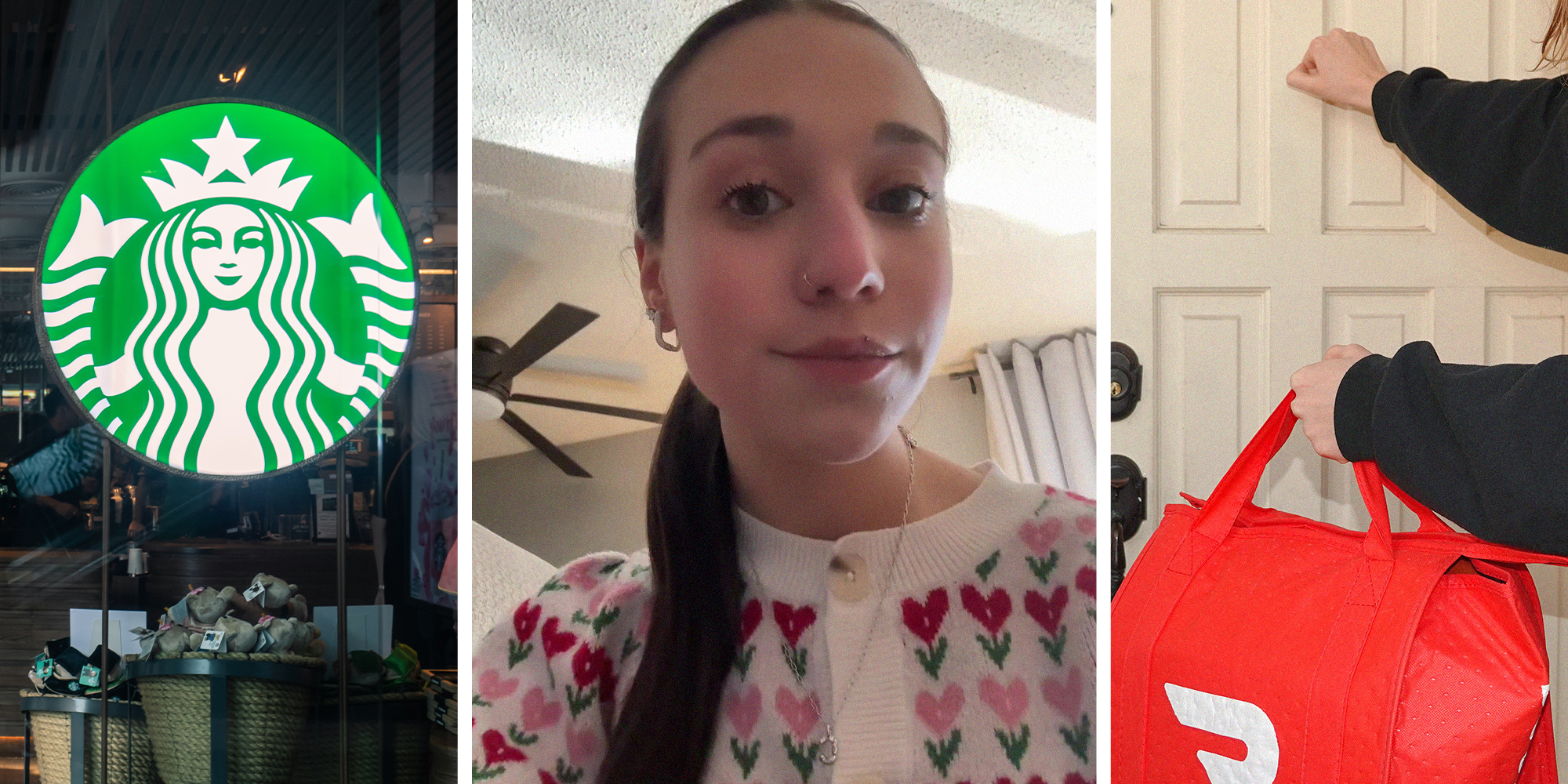 Starbucks sign(l) Woman shares what doordash delivered to her(c) person knocking on door while holding doordash bag(r)