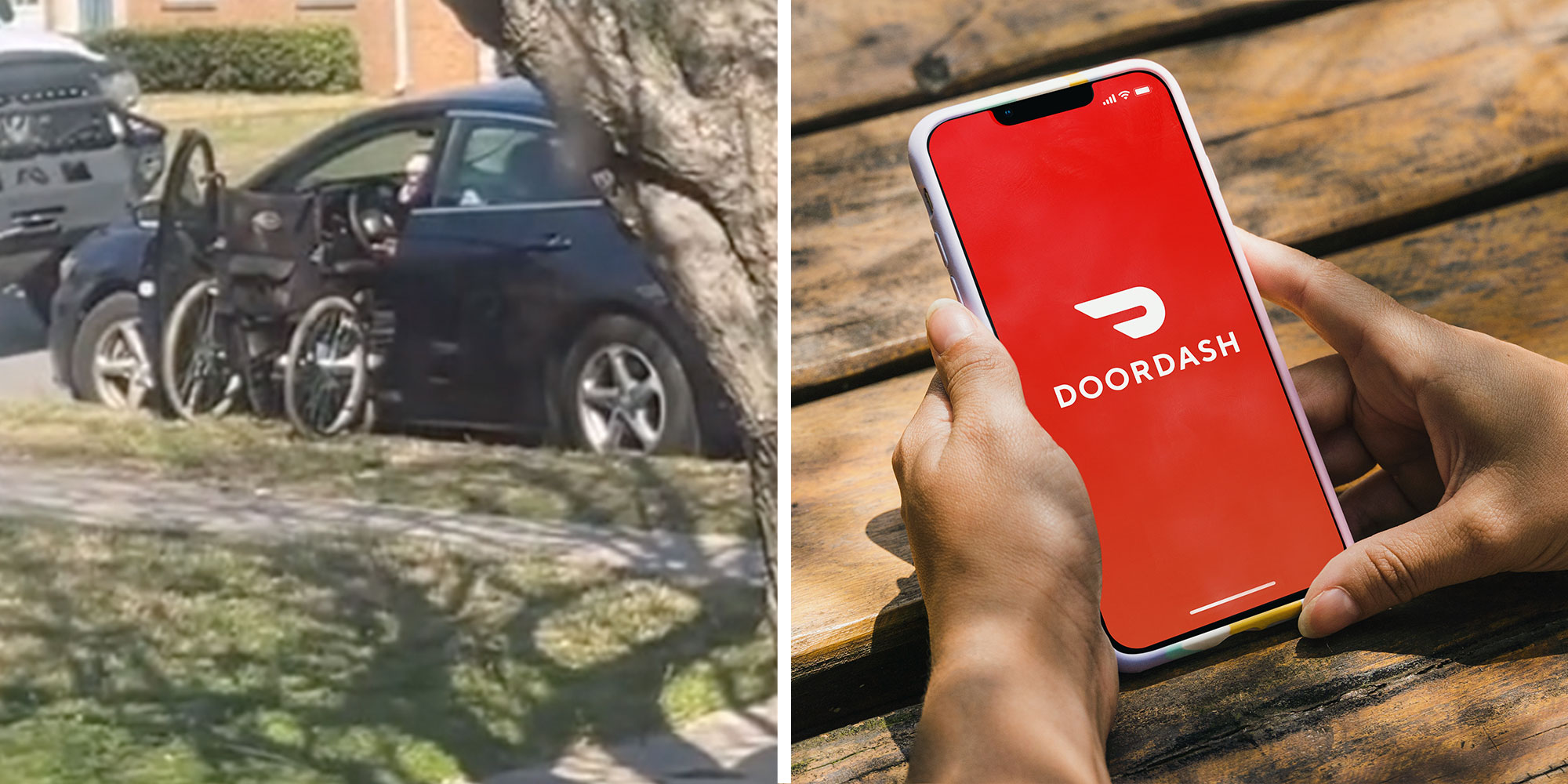 Left: Screenshot from @louivee3's Tiktok of a car parked on a street with a wheelchair at the driver's side door; Right: Photo of two hands holding a phone with the DoorDash Logo.