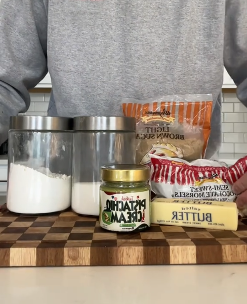 TikTok video showing the ingredients for Dubai cookies on a counter.