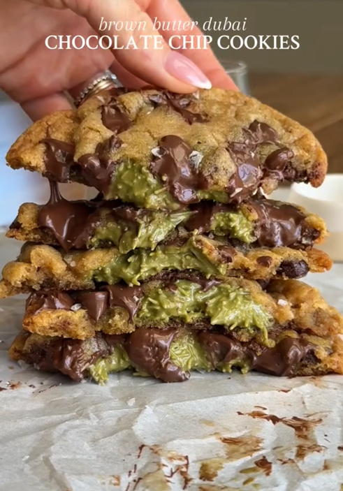 TikTok video showing a stack of halved Dubai cookies.