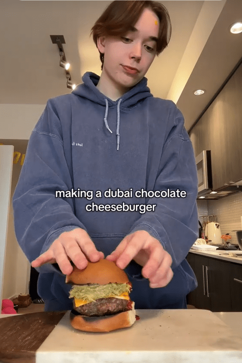 TikTok video showing a young person making a cheeseburger.