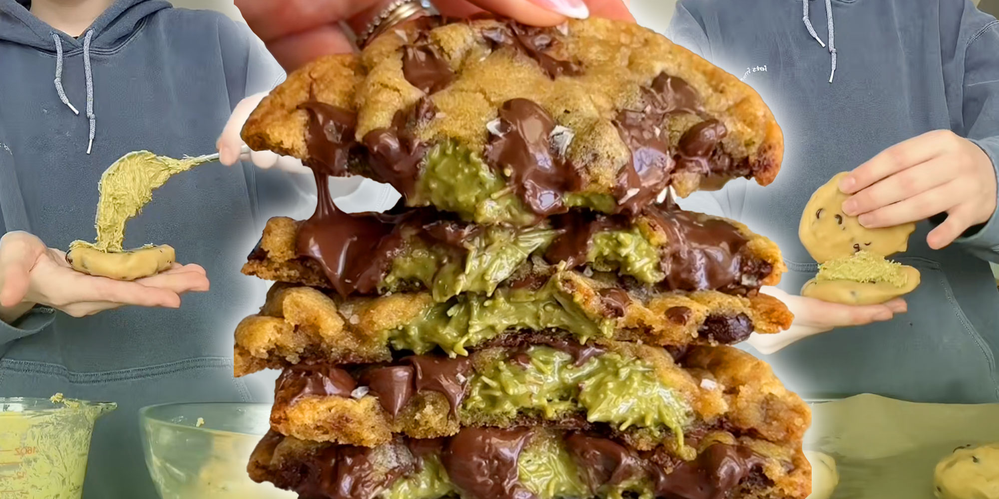 Left: Screenshot of Tiktok user @joshhallan making the Dubai Chocolate Chip Pistachio cookie; Center: Screenshot from Tiktok user @wellmadebykiley of a cross-section of the Dubai Chocolate Chip Pistachio cookies; Right: Screenshot of Tiktok user @joshhallan making the Dubai Chocolate Chip Pistachio cookie