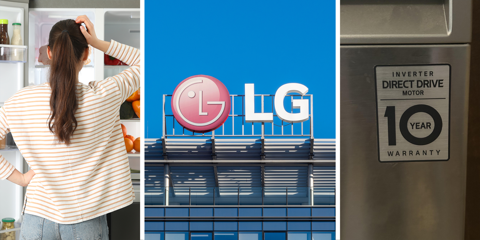 woman scratching her head while Infront of refrigerator(l) LG Logo Infront of building(c) 10 year warranty sticker from LG(r)