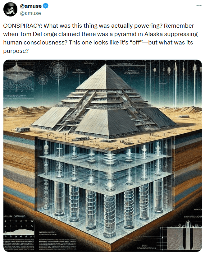 Egypt Giza Pyramids tweet with an AI image of a metal pyramid showing metal floors and columns beneath it with text reading "CONSPIRACY: What was this thing was actually powering? Remember when Tom DeLonge claimed there was a pyramid in Alaska suppressing human consciousness? This one looks like it’s “off”—but what was its purpose?"