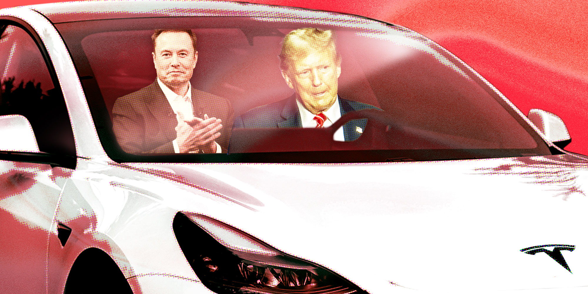 Photo Illustration of Donald Trump driving Elon Musk in a Tesla