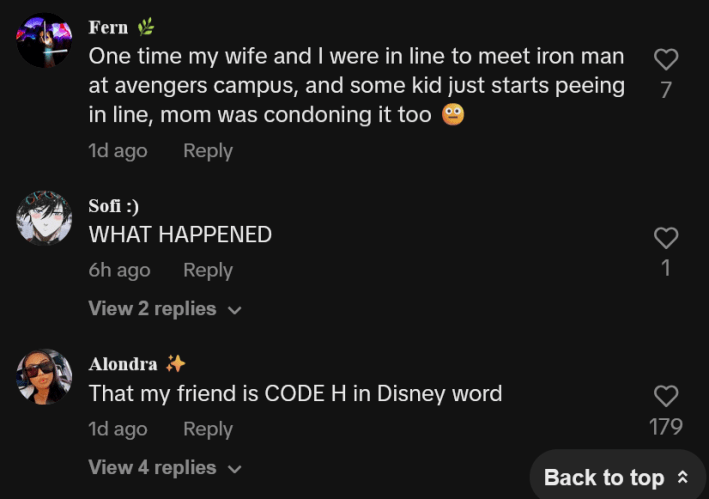 TikTok comments including one reading ""One time my wife and I were in line to meet iron man at avengers campus, and some kid just starts peeing in line, mom was condoning it too"