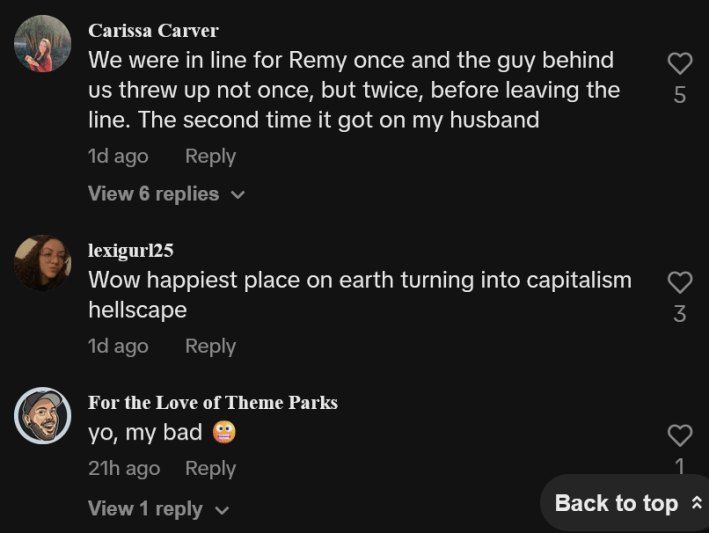 TikTok comments including one reading ""We were in line for Remy once and the guy behind us threw up not once, but twice, before leaving the line. The second time it got on my husband."