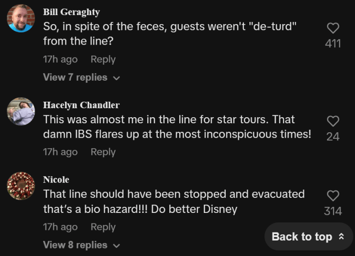 TikTok comments including one reading "This was almost me in the line for star tours. That damn IBS flares up at the most inconspicuous times!"