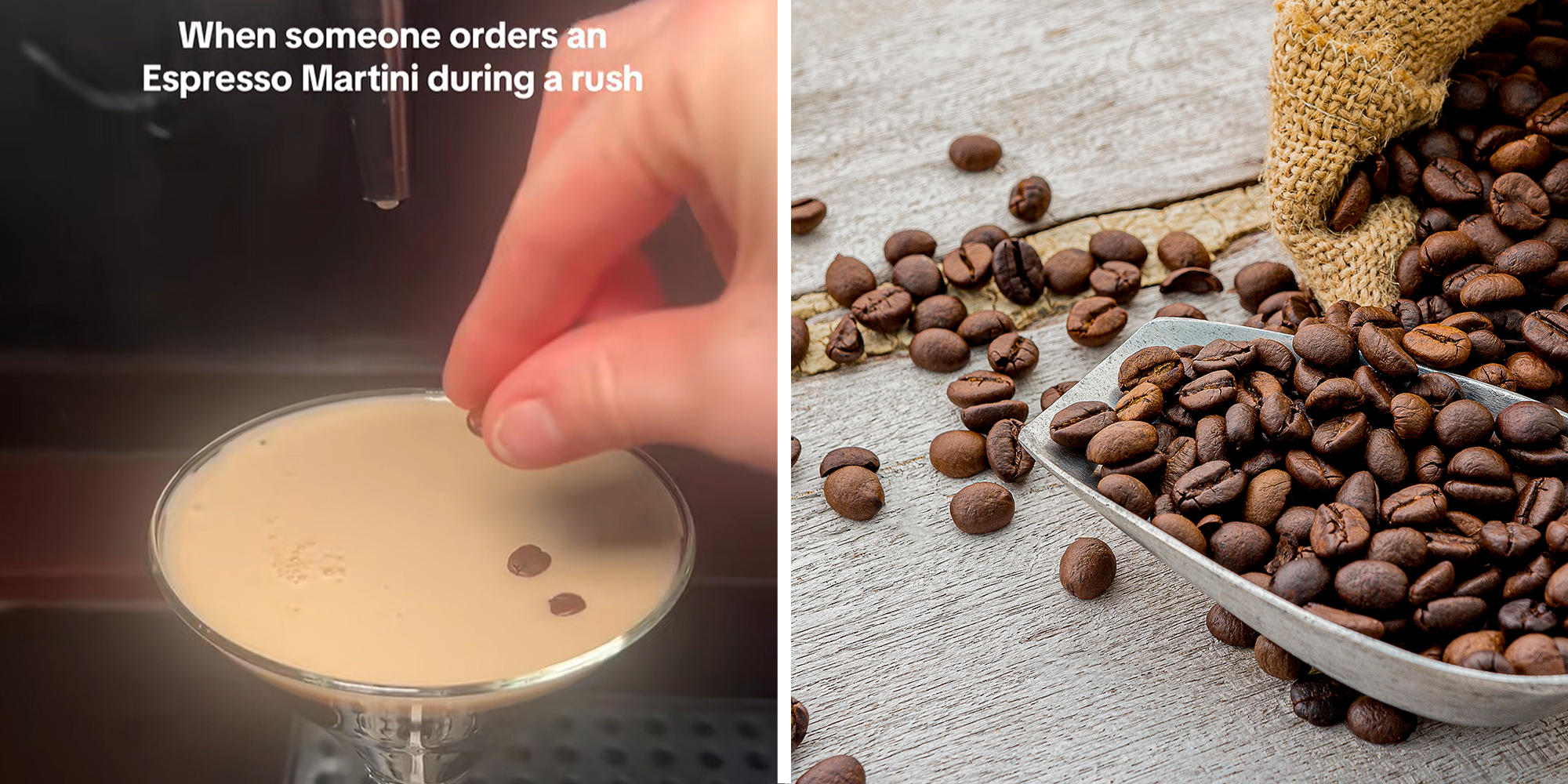 Bartender preparing espresso martini with overlaying text that reads: "When someone orders an Espresso Martini during a rush" on left. Coffee beans spilling out of bag on right.