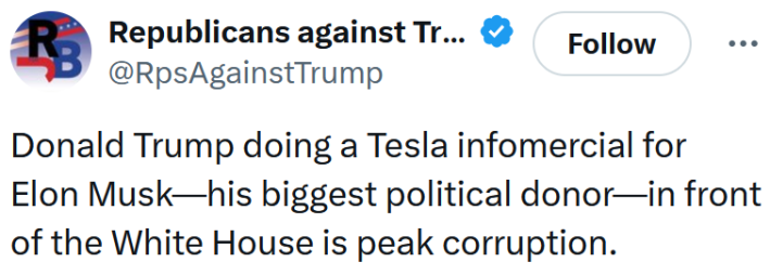 Tweet reading "Donald Trump doing a Tesla infomercial for Elon Musk—his biggest political donor—in front of the White House is peak corruption."