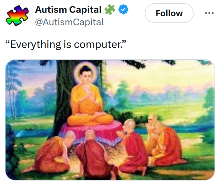 Everything's computer meme with a painting of monks praying in front of Buddha.