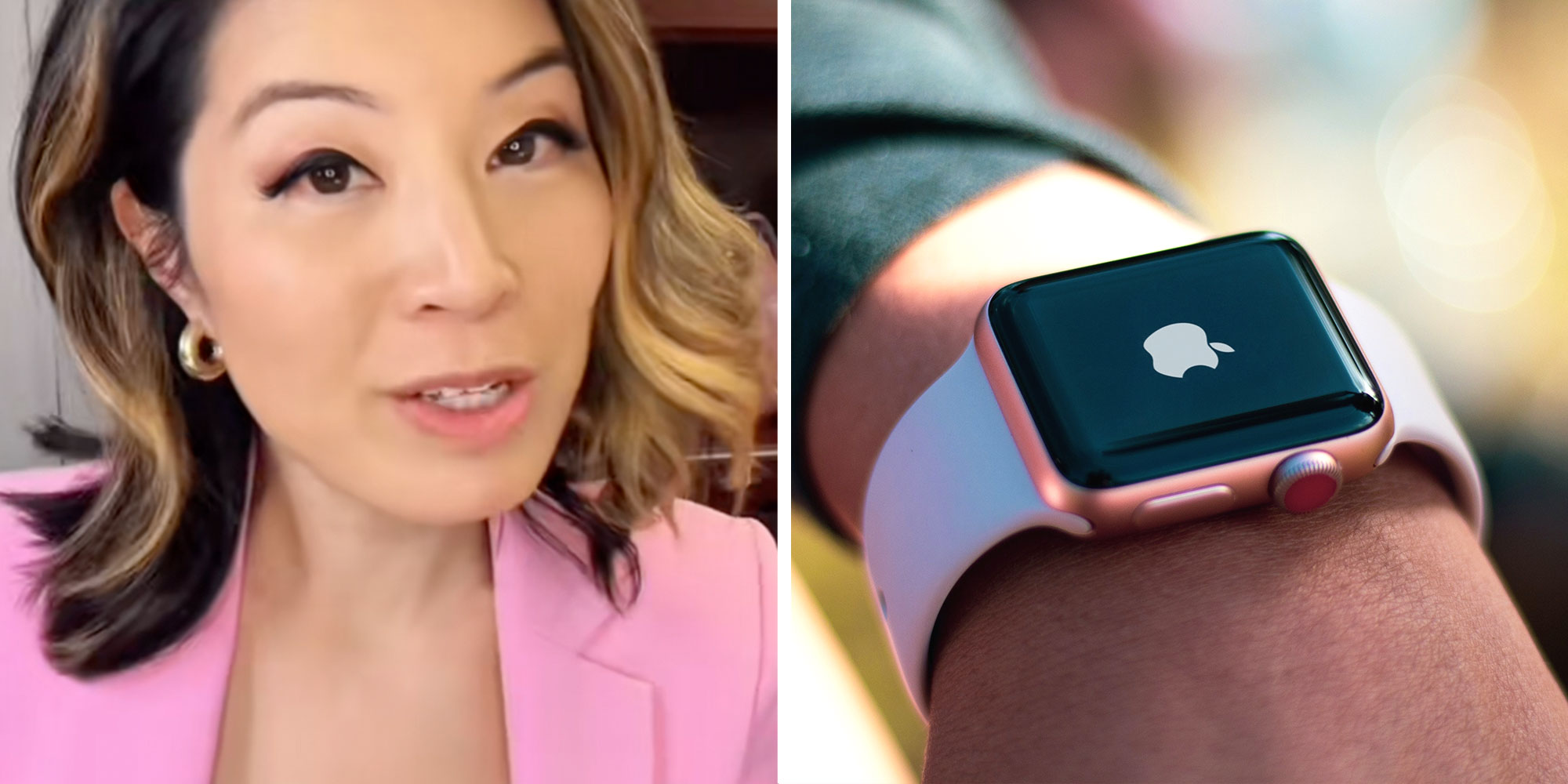 Screenshot of Tiktok user @thelawyerangela; A Photo of a wrist with an Apple Watch.
