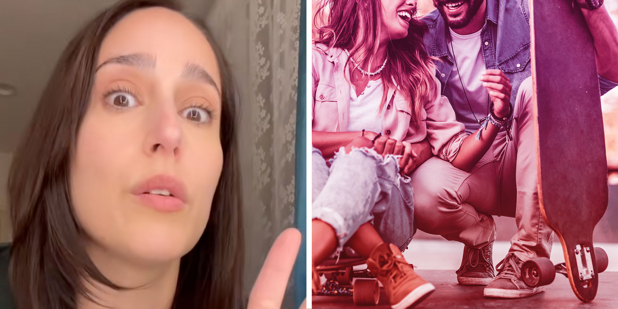 Screenshot of Tiktok user @rubyyork; Photo of a young couple holding skateboards