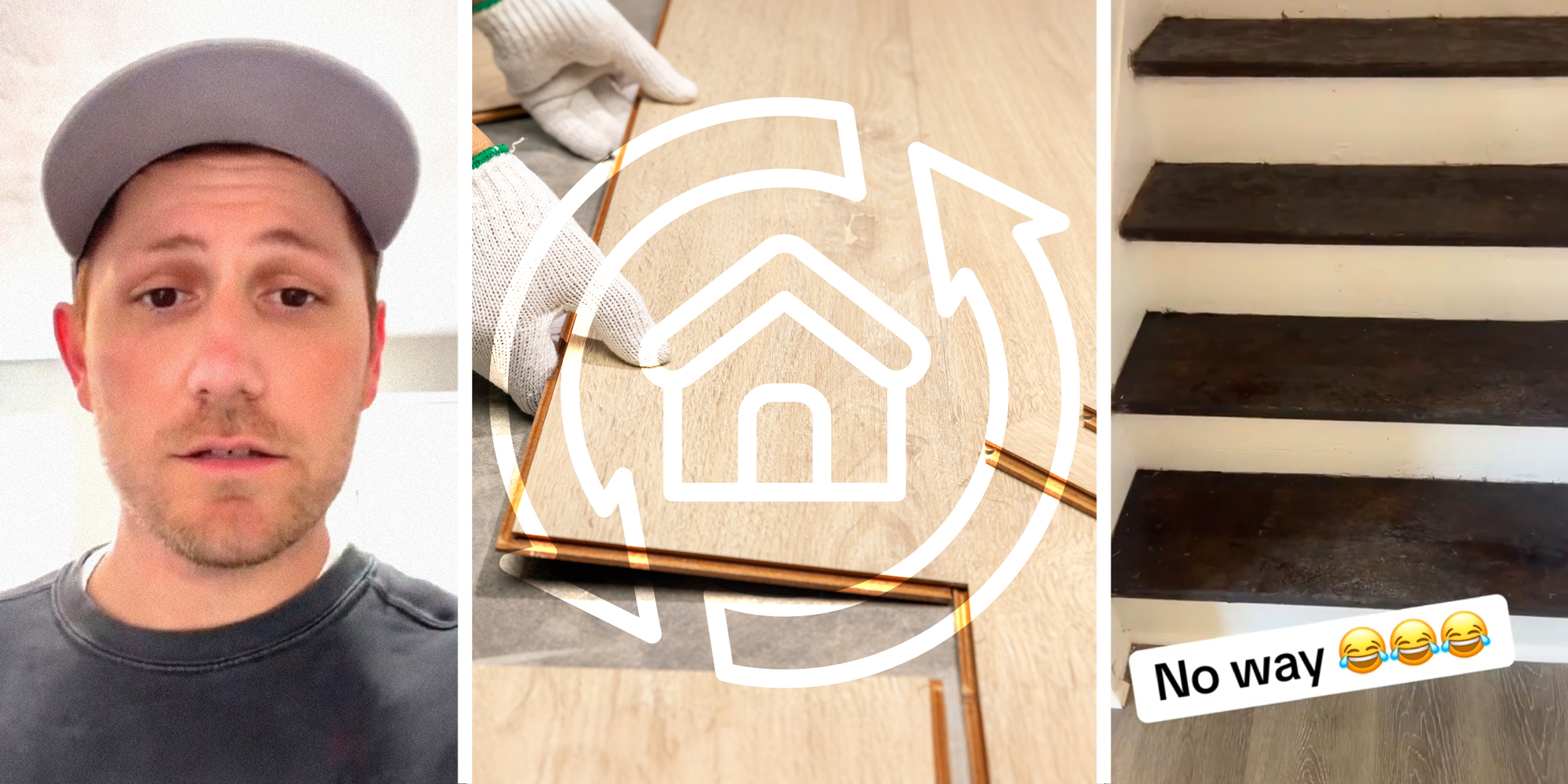 3 panel image: on the left a person explains, in the middle is a symbol for flipping houses, and on the right a shot of stairs in a flipped home.