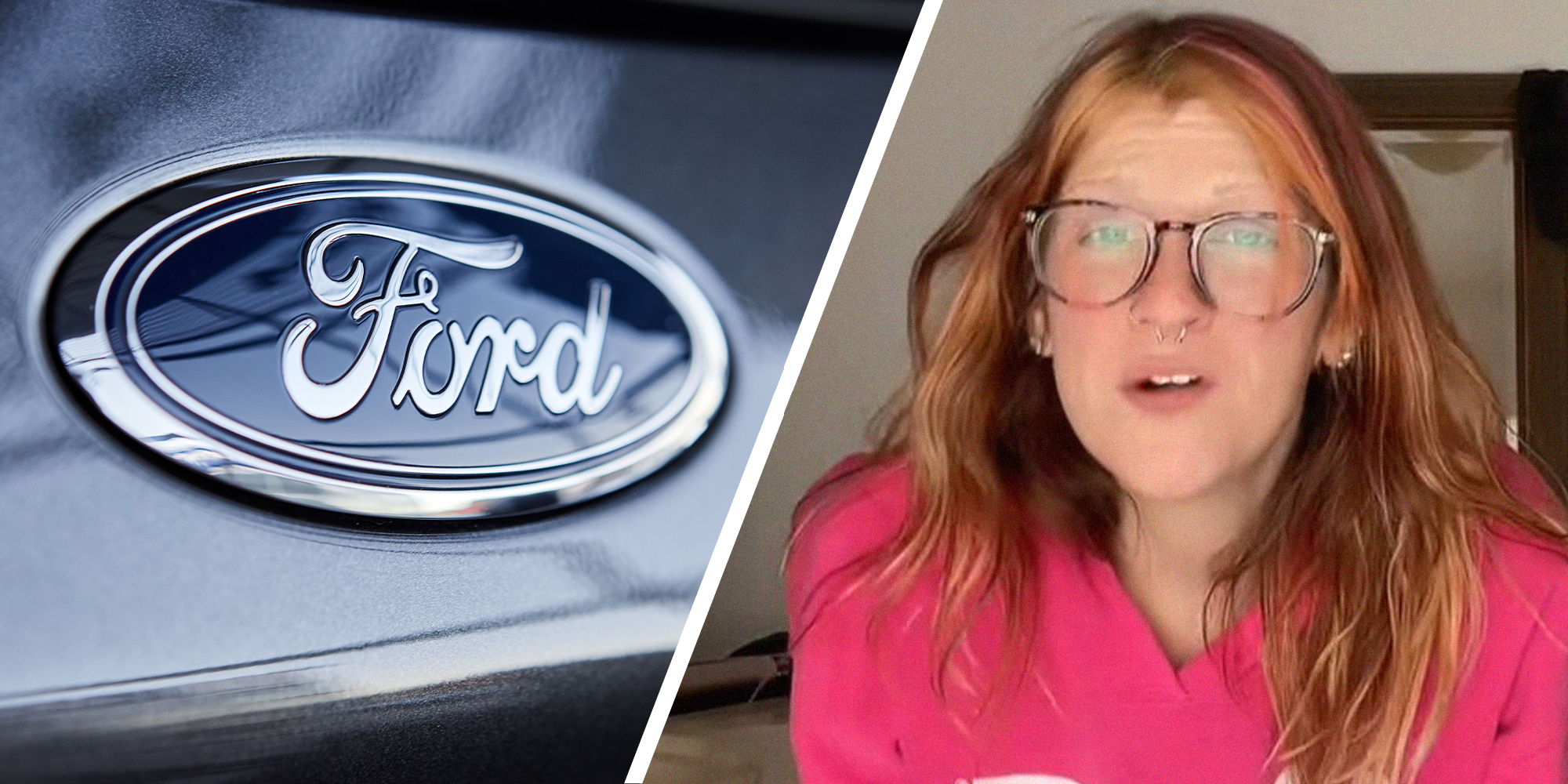 Ford logo Emblem(l) Woman wearing glasses shares worst vehicles(r)