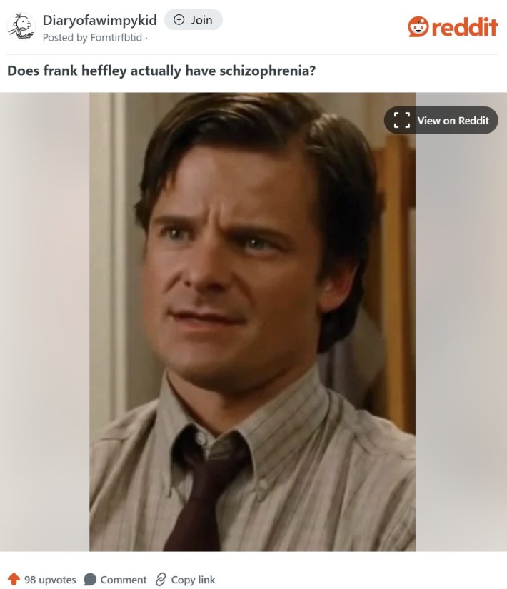"Does frank heffley actually have schizophrenia?" reddit