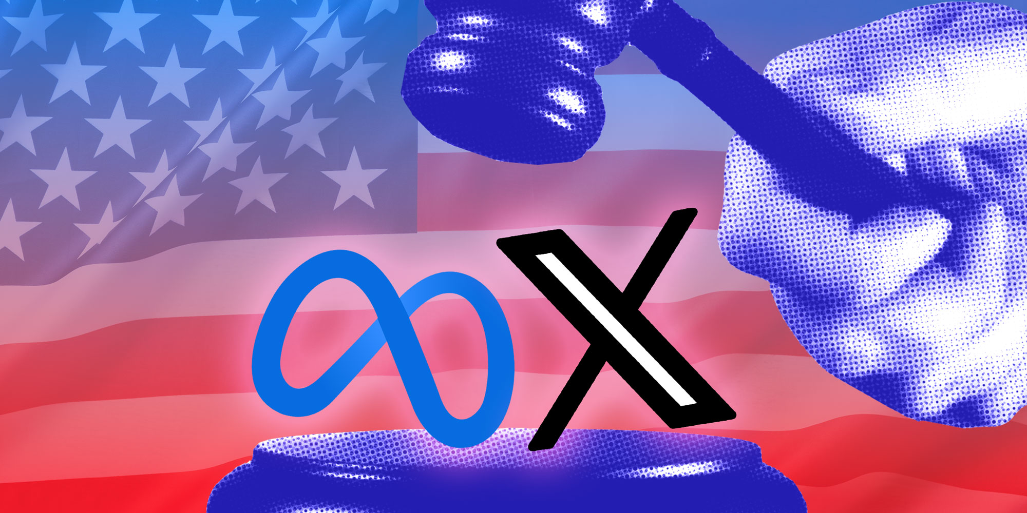 Photo Illustration of a hand with a gavel about to strike the Meta and X logo in front of an American Flag.