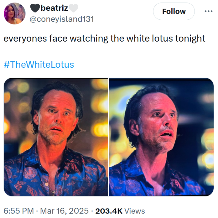 Tweet with two screenshots of Rick Hatchett from The White Lotus staring with wide eyes and an open mouth.