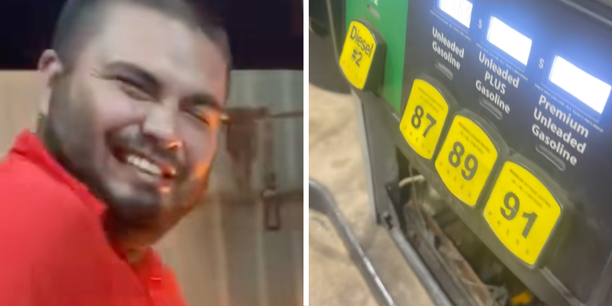 Man talking(l), Gas pump(r)