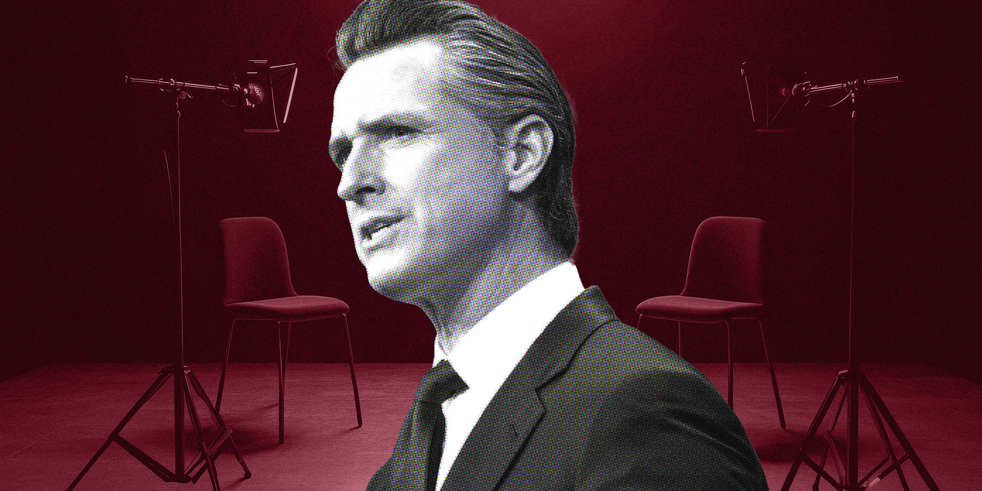 Photo Illustration of Gavin Newsom in front of an empty podcast /studio.