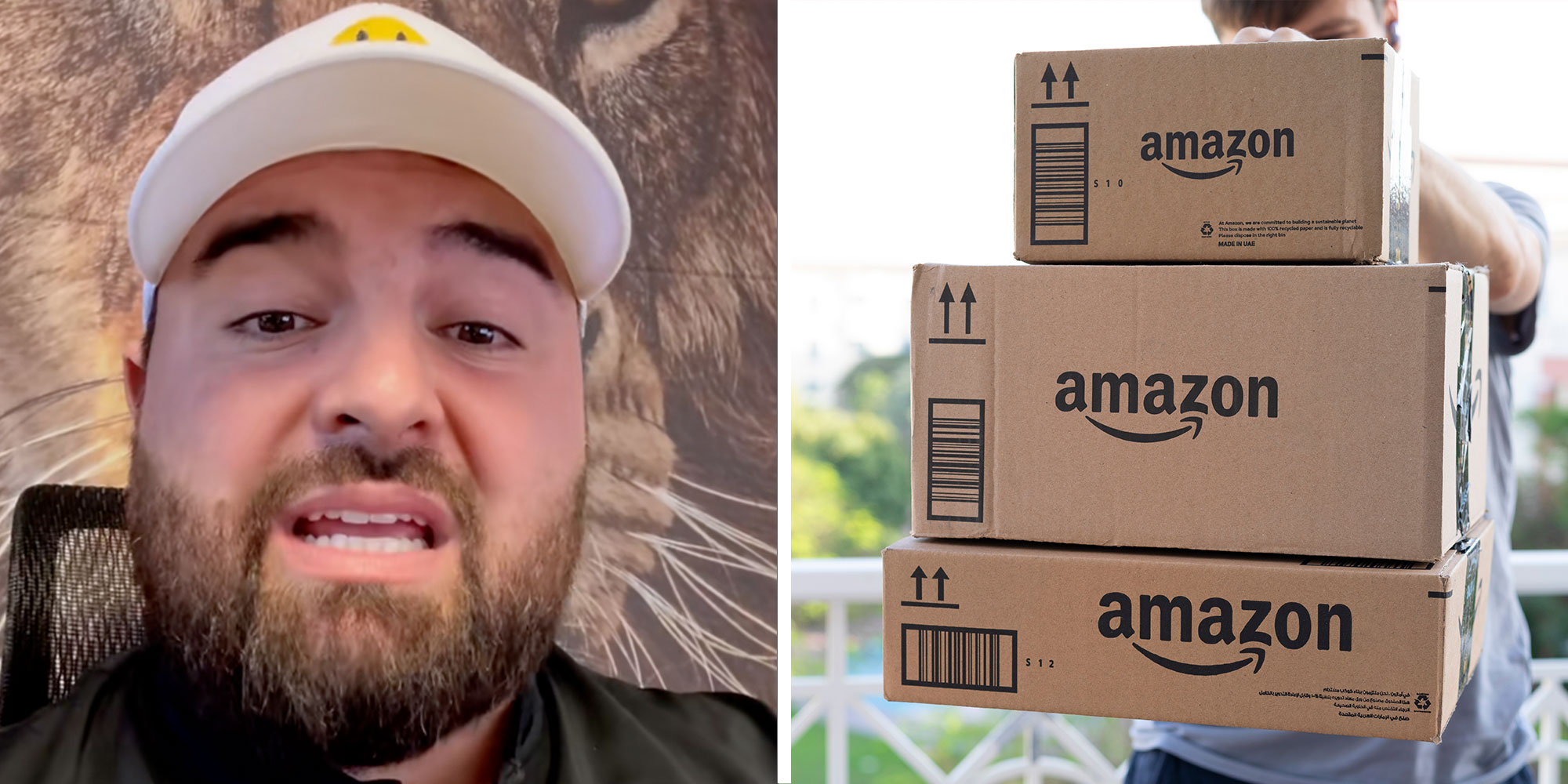 Screenshot of Tiktok user @tier1pest; Photo of a man holding several Amazon packages
