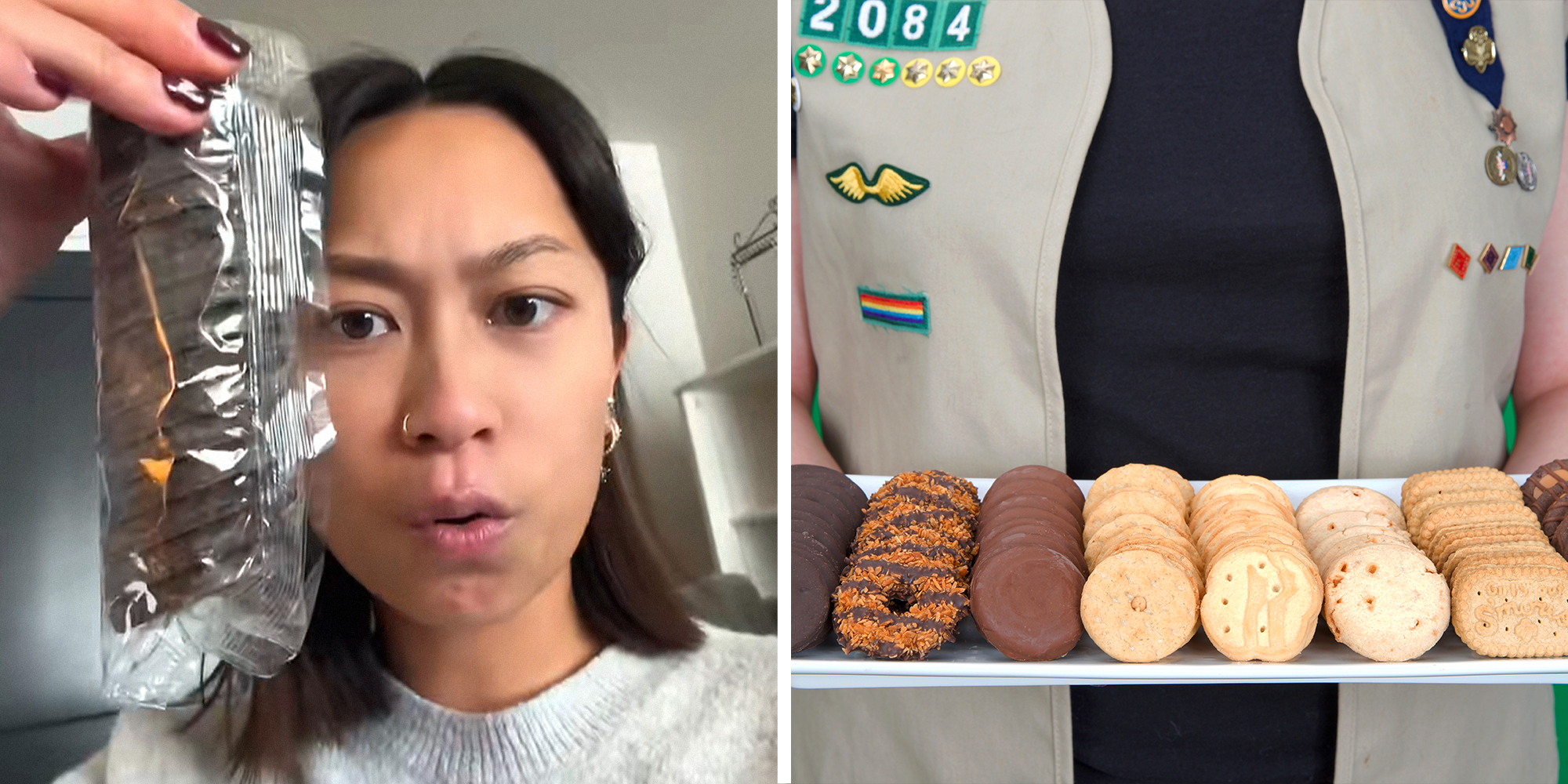 Woman says Girl Scout Thin Mints are smaller now. Then someone says Keebler Fudge Mint Delights are made in the same factory and $2.98 at Walmart