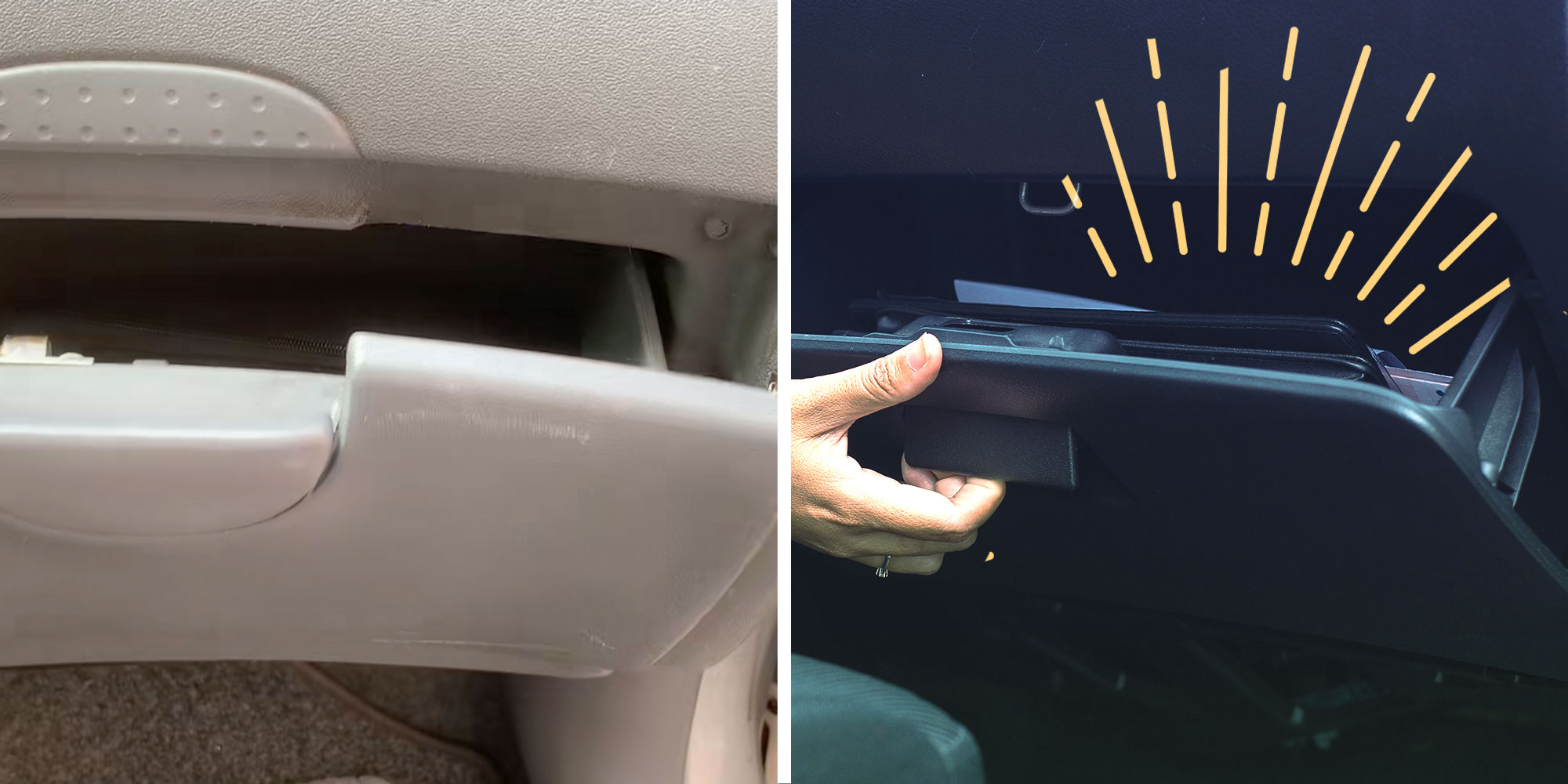 Screenshot from Tiktok user @.ezel_ezelakos of an open glove compartment; Photo illustration of a hand opening a glove compartment with illustrated rays emerging from the opening.