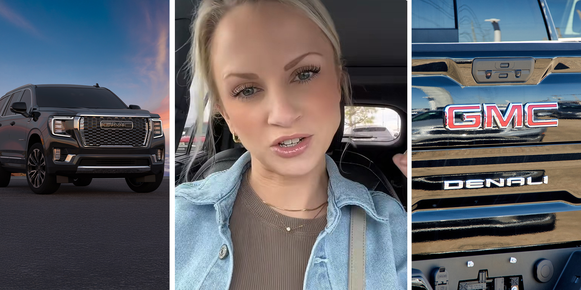 Gmc Denali(l) Woman shares concern over car branding(c) GMC logo and Denali Mark on pickup(r)
