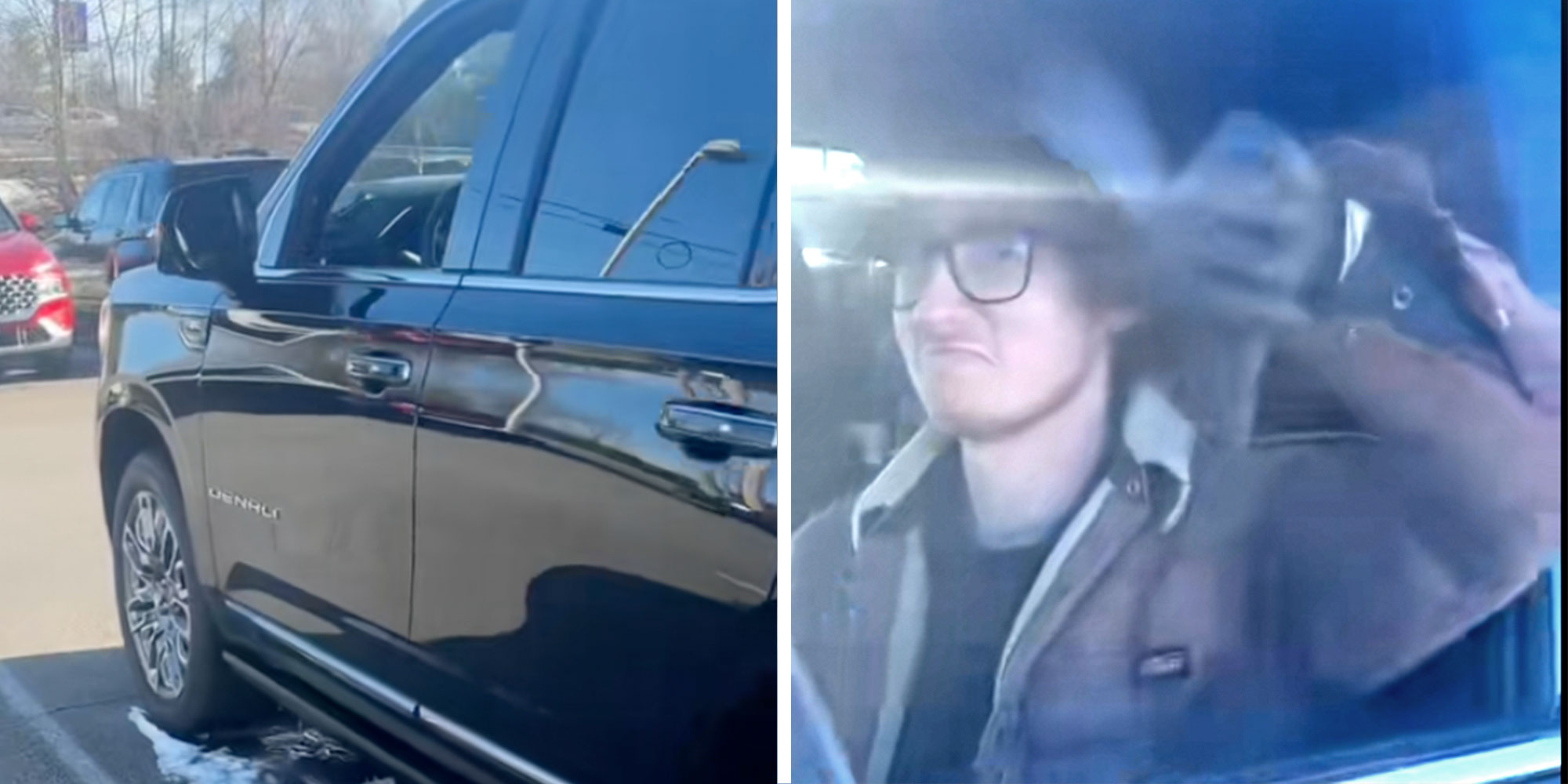 Screenshots from Tiktok user @briandresel1980 of a GMC truck and a man giving a thumbs down in the driver's seat.