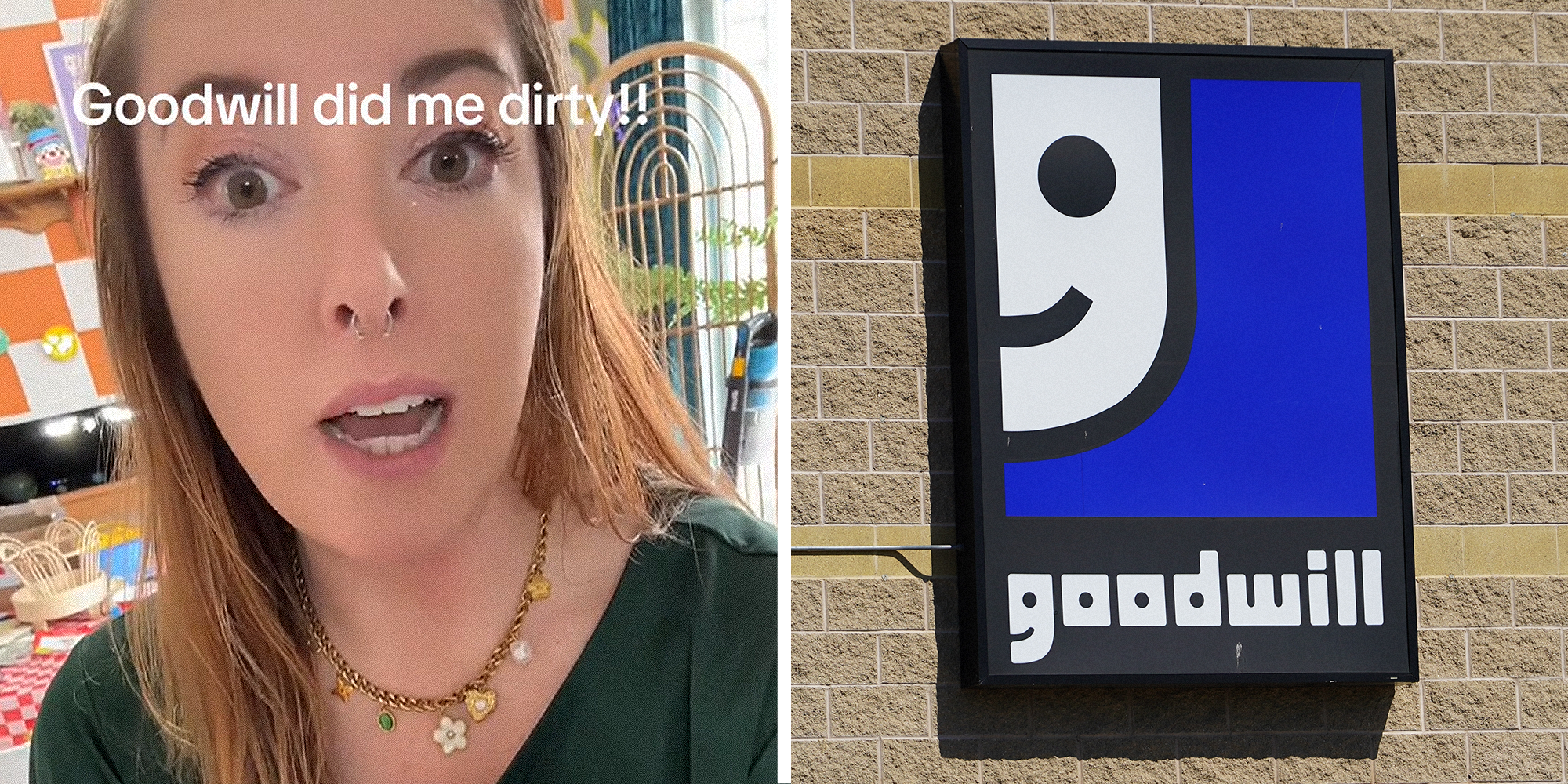 Split image. Woman angerly explaining experience at Goodwill on left. Goodwill signage on building on right.