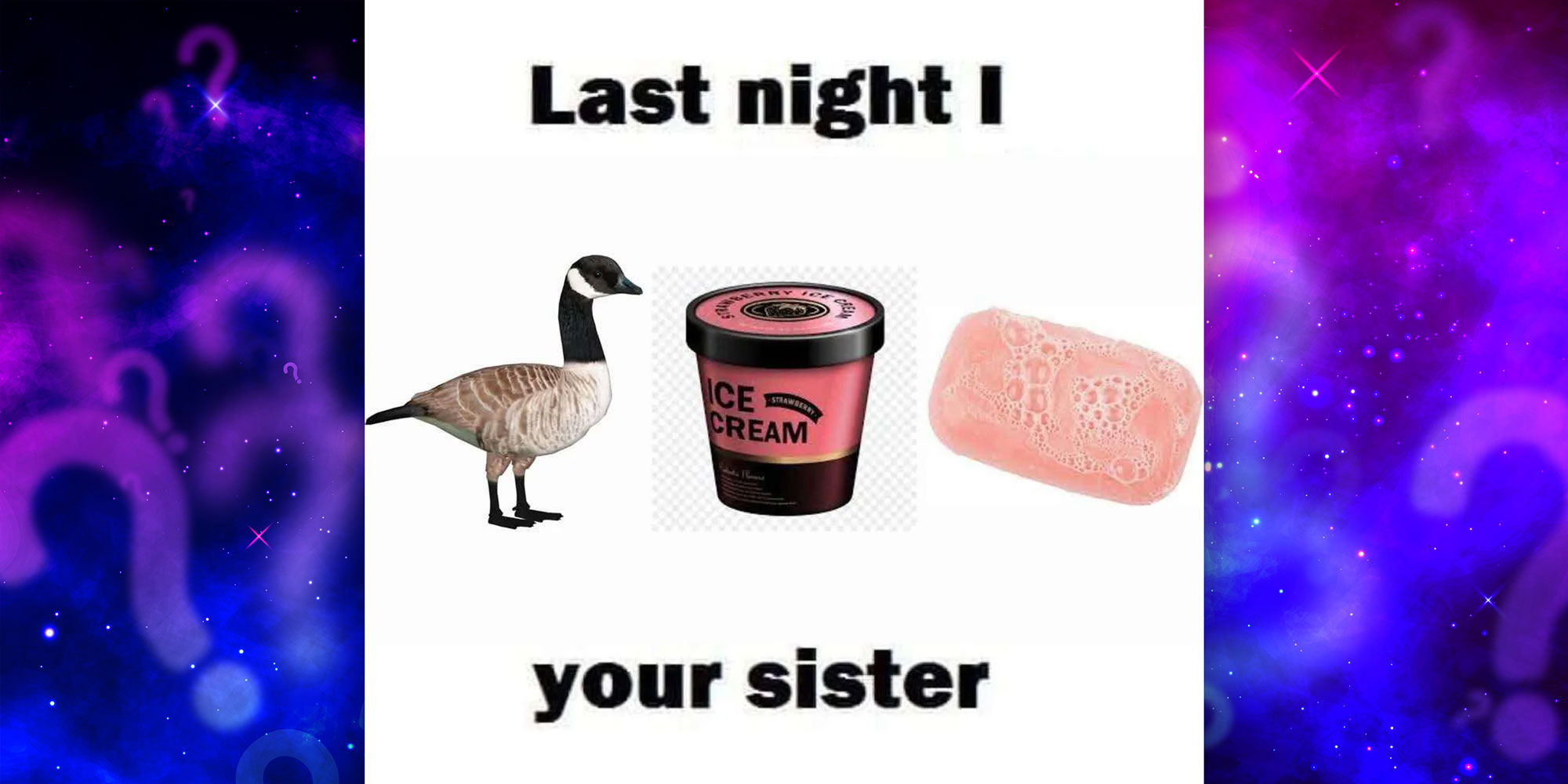 Photo Composite of a meme that reads "Last night I [Photo of a Goose, an Ice Cream pint, and a bar of Soap] your sister" over a dark sparkly background with question mark motifs.
