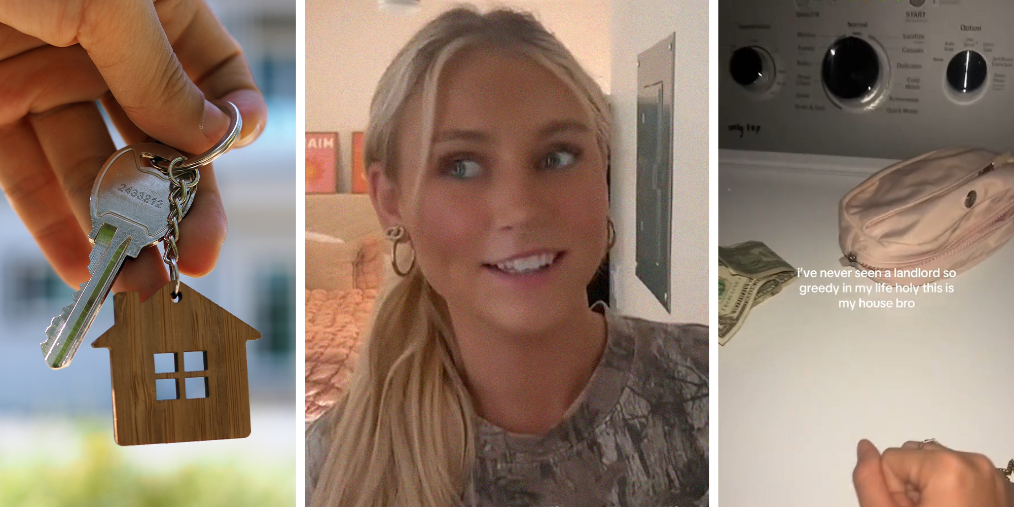 Person holding keychain(l) Girl Smiling(c) Money outside of pink pouch on top of washing machine(r)