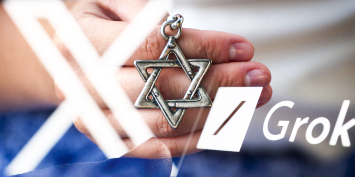X and Grok logo over hand holding Star of David necklace.