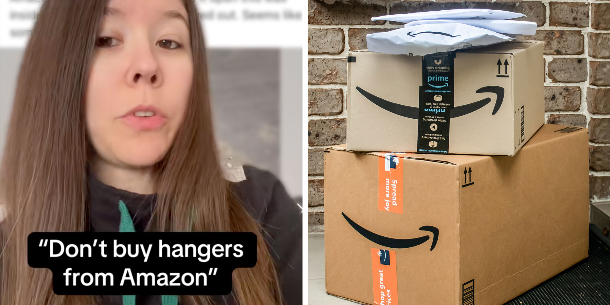 Screenshot of Tiktok user with the caption "'Don't buy hangers from Amazon'"; Photo of Amazon packages stacked in front of a residence.