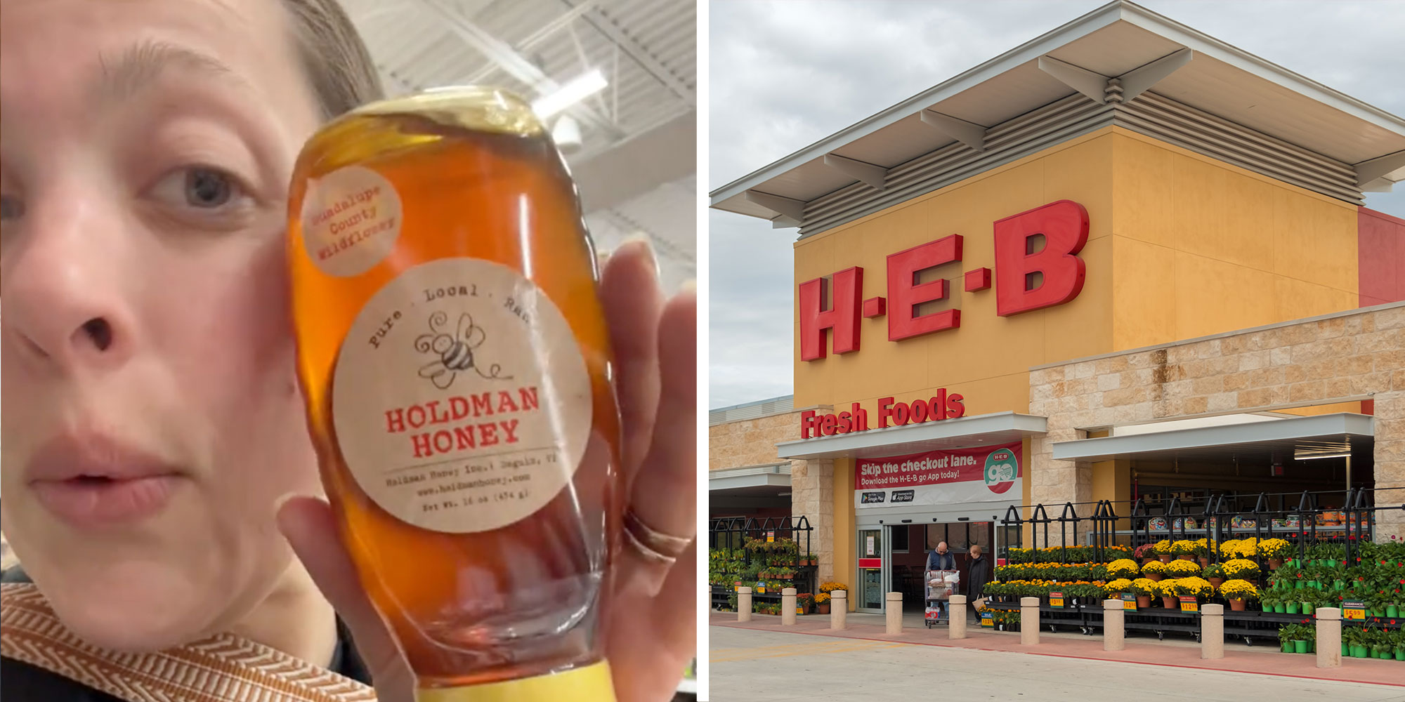 Screenshot of Tiktok user @shoplogan512 with a jar of Holdman Honey; Photo of a HEB Fresh Foods exterior.
