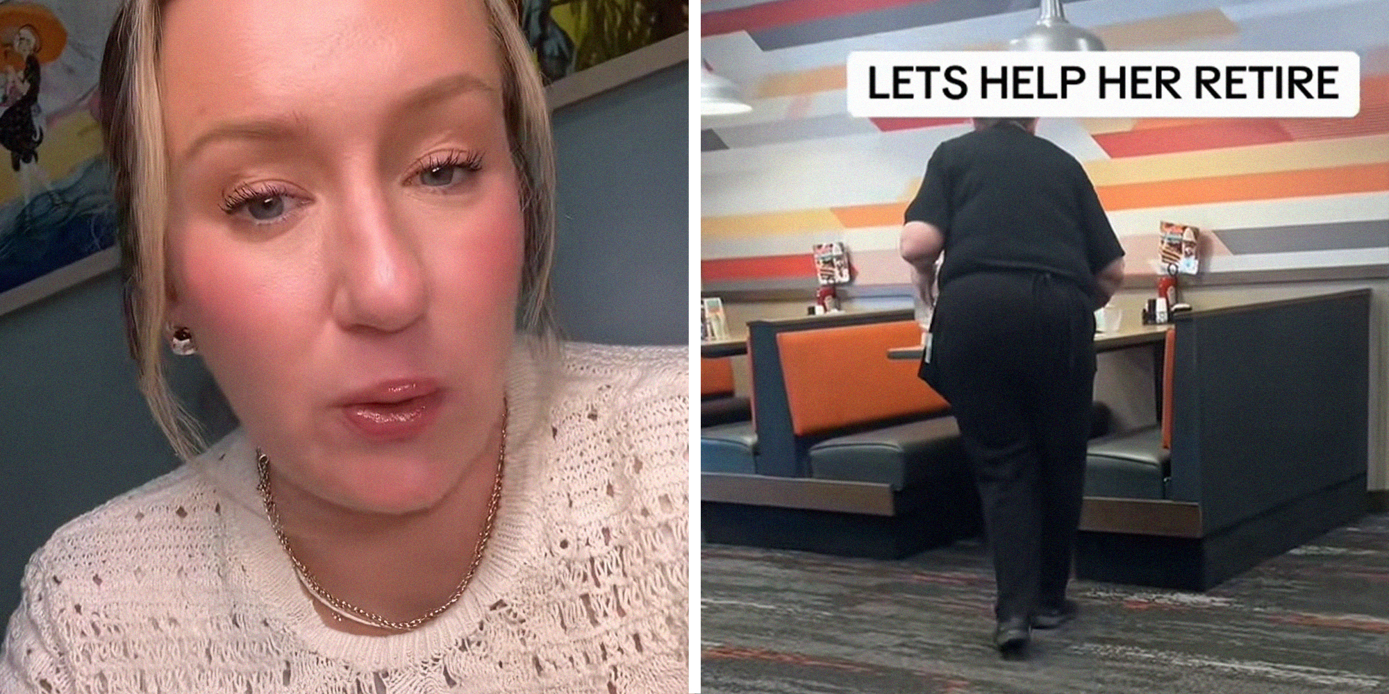woman asks for assistance on TikTok platform to help an elderly woman(l) Elderly woman waitressing at restaurant(l)